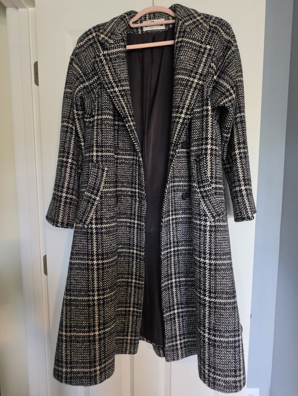 Women's Black & White Plaid Long Coat
